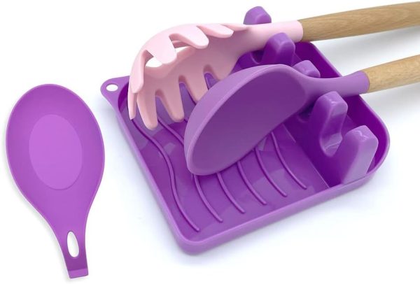 2 Pack Multiple Utensil Spoon Rest with Drip Pad Non-Slip Heat Resistant Kitchen and Grill Spoon Holder for Spatula, Ladle, Tongs, Kitchen Gadgets, and Cooking Accessories (Noble Purple)
