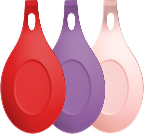 3 Pack Silicone Spoon Rest for Stove Top, Heat Resistant Kitchen Utensil Rest, Sturdy Silicone Spoon Holder for Kitchen Utensils Spatula,Tongs,Ladles (Red+Purple+Pink)
