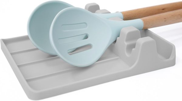 Silicone Spoon Rest - Large Cooking Utensil Holder with Drip Pad Walls - Multiple Spoon Rest with Wider Slots for Bigger Utensils, BPA-Free Spatula Rest for Stove, Kitchen, Countertop