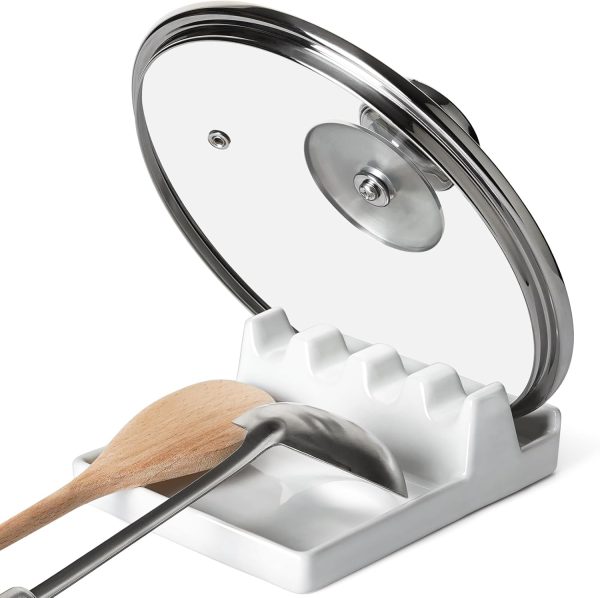 Ceramic Spoon Rest for Stove Top, Spoon and Lid Rest for Kitchen Counter, Spoon Holder with Drip Pad for Multiple Utensils, Heat-Resistant, Housewarming Present - 6.2 inch, Set of 1, White
