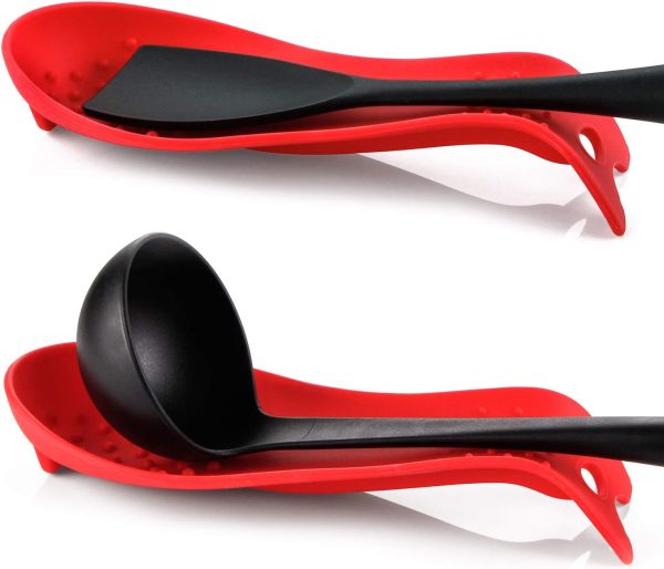 Silicone Spoon Rests, Cooking Utensils Holder for Kitchen (2, Red-Red)