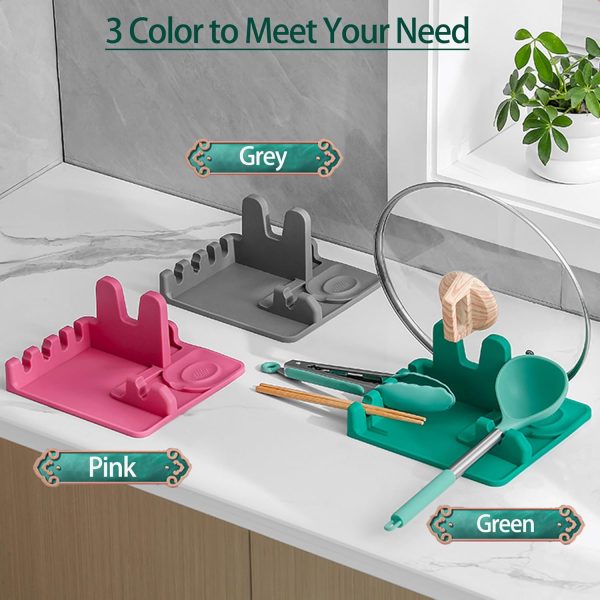 Silicone Spoon Holder Spoon Rest with Lid Holder for Stove Top,BPA Free Utensil Rest for Kitchen Countertop,Non-Slip Heat-Resistant Stove Utensil Holder for Spatula,Ladle,Tong&Pot Lid (Grey) - Image 2