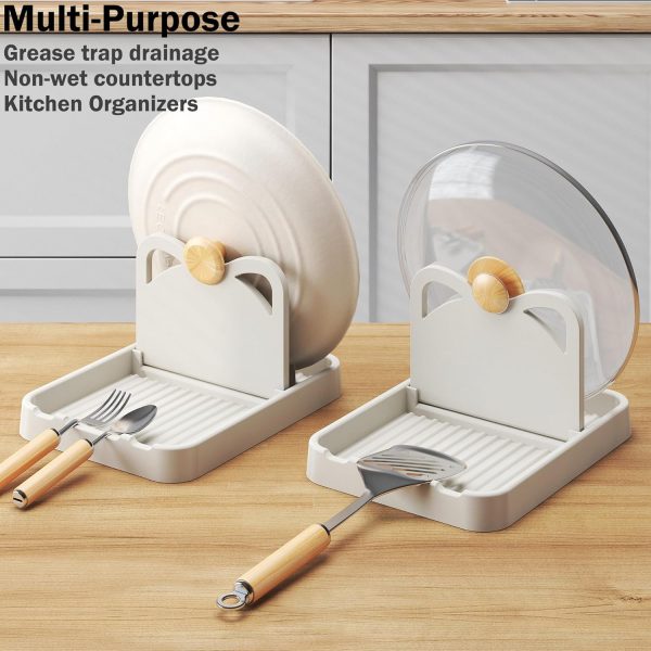 2Pcs Spoon Rest with Lid Holder,Foldable Spoon Holder for Kitchen Counter,Cat Pot Lid Holder for Spoons,Pot Lids,Spatulas,Utensils,Forks(Beige + Grey) - Image 2